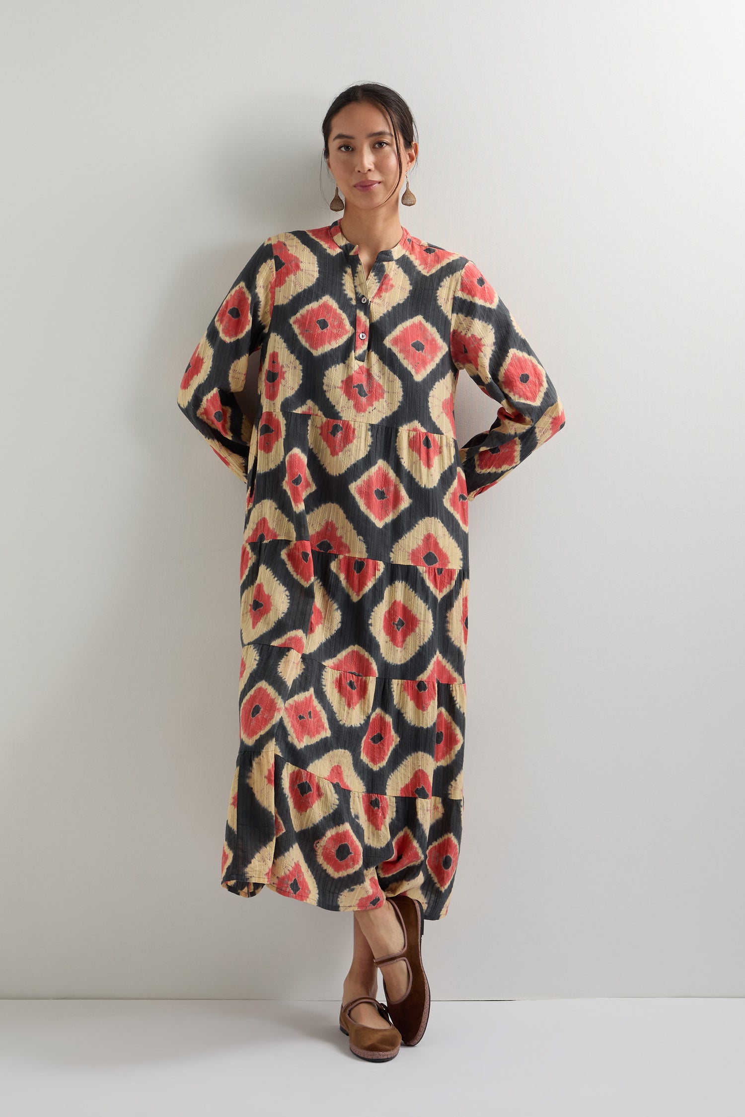 Ikat V Neck Tiered Dress