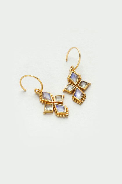 Gold Plated White Moonstone Kite Earrings featuring square and diamond-shaped moonstones arranged in a cross pattern, displayed on a light background.
