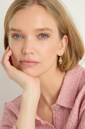 A woman with short blonde hair wears a textured pink shirt and Gold Plated White Moonstone Kite Earrings, resting her chin on her hand and looking at the camera.