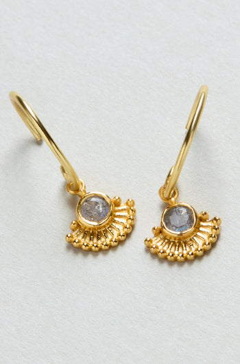 Gold Plated Labradorite Sunburst Earrings feature round labradorite stones in the center with fan-shaped sunburst detailing, displayed on a light background.