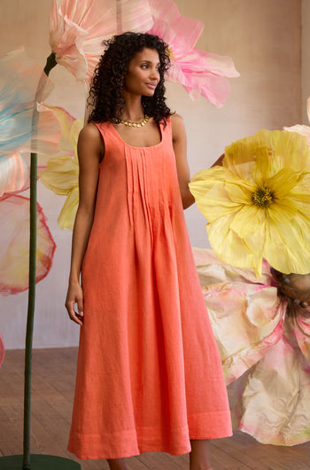 Garment Dyed Linen Pleat Front Sleeveless Dress