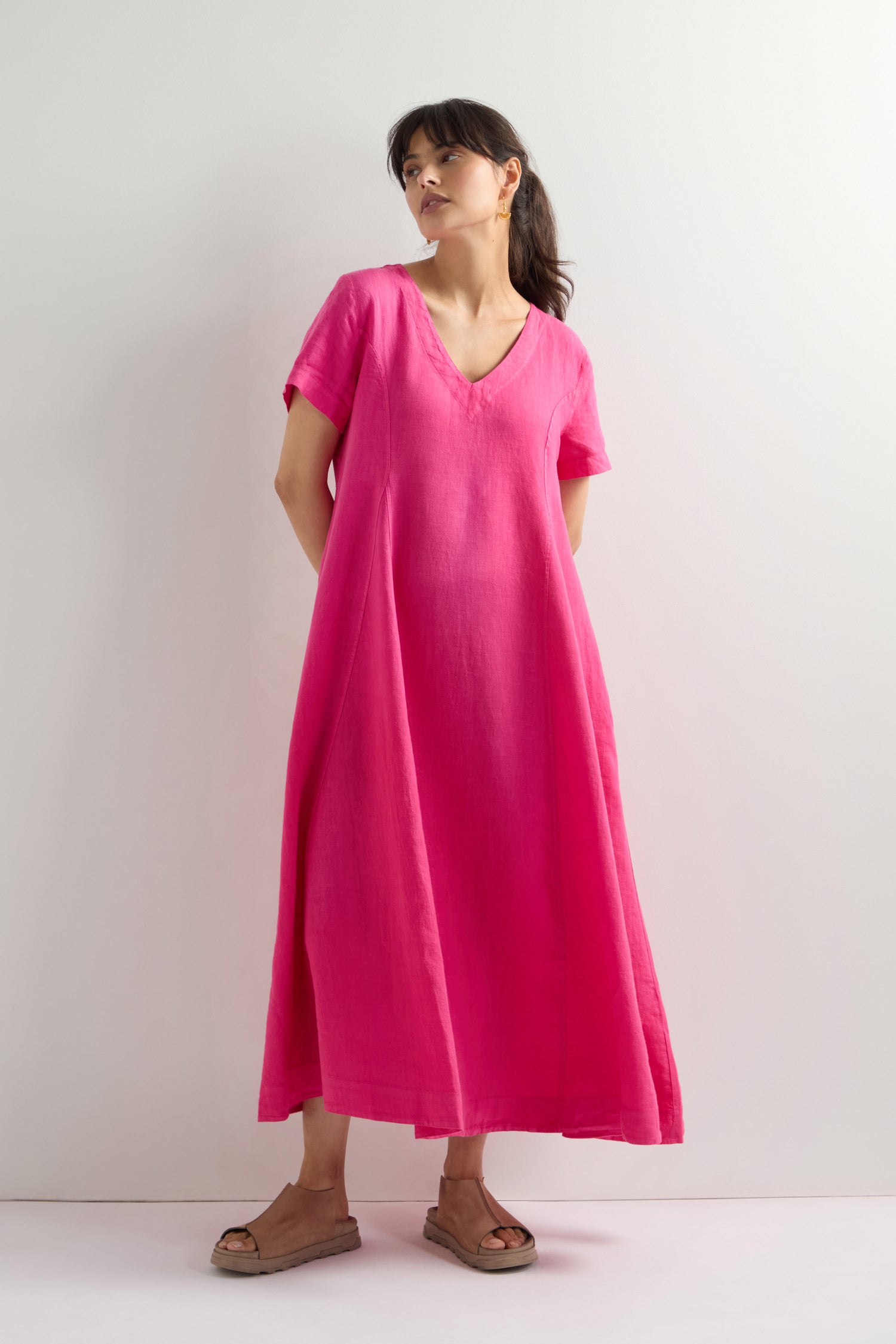 Linen V Neck Flared Dress