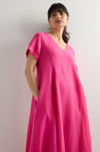 Linen V Neck Flared Dress