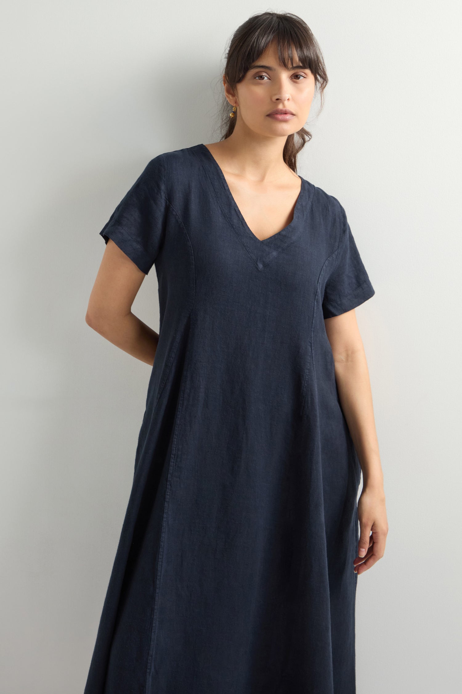 Linen V Neck Flared Dress