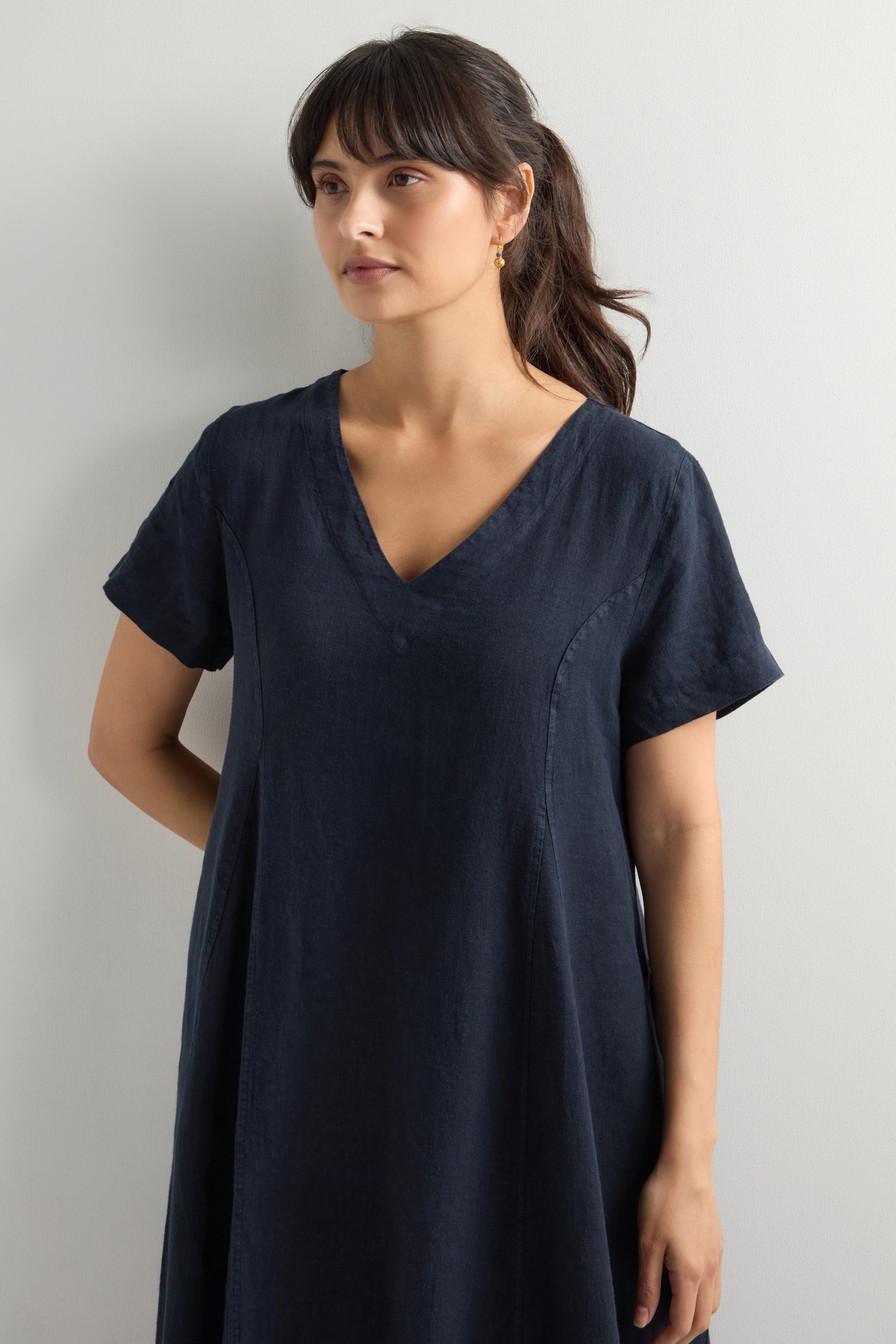 Linen V Neck Flared Dress