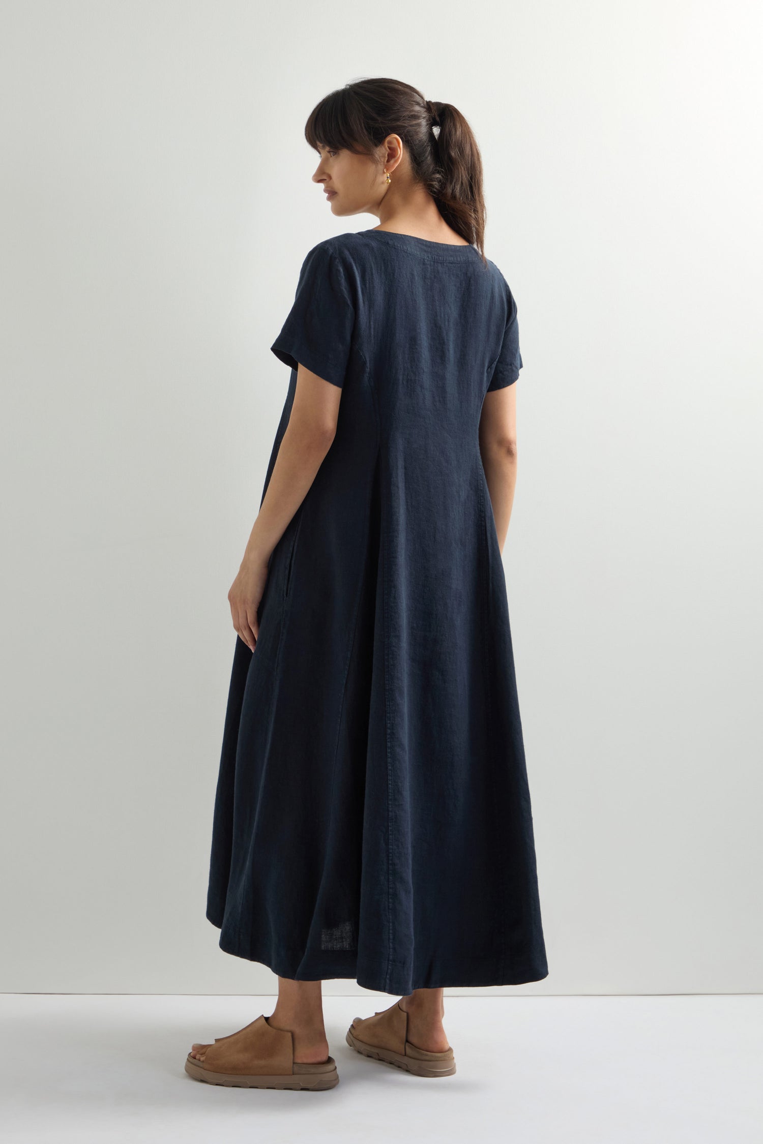 Linen V Neck Flared Dress