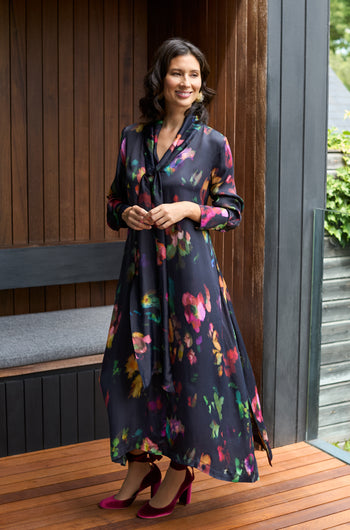 Winter Floral Tie Neck Dress