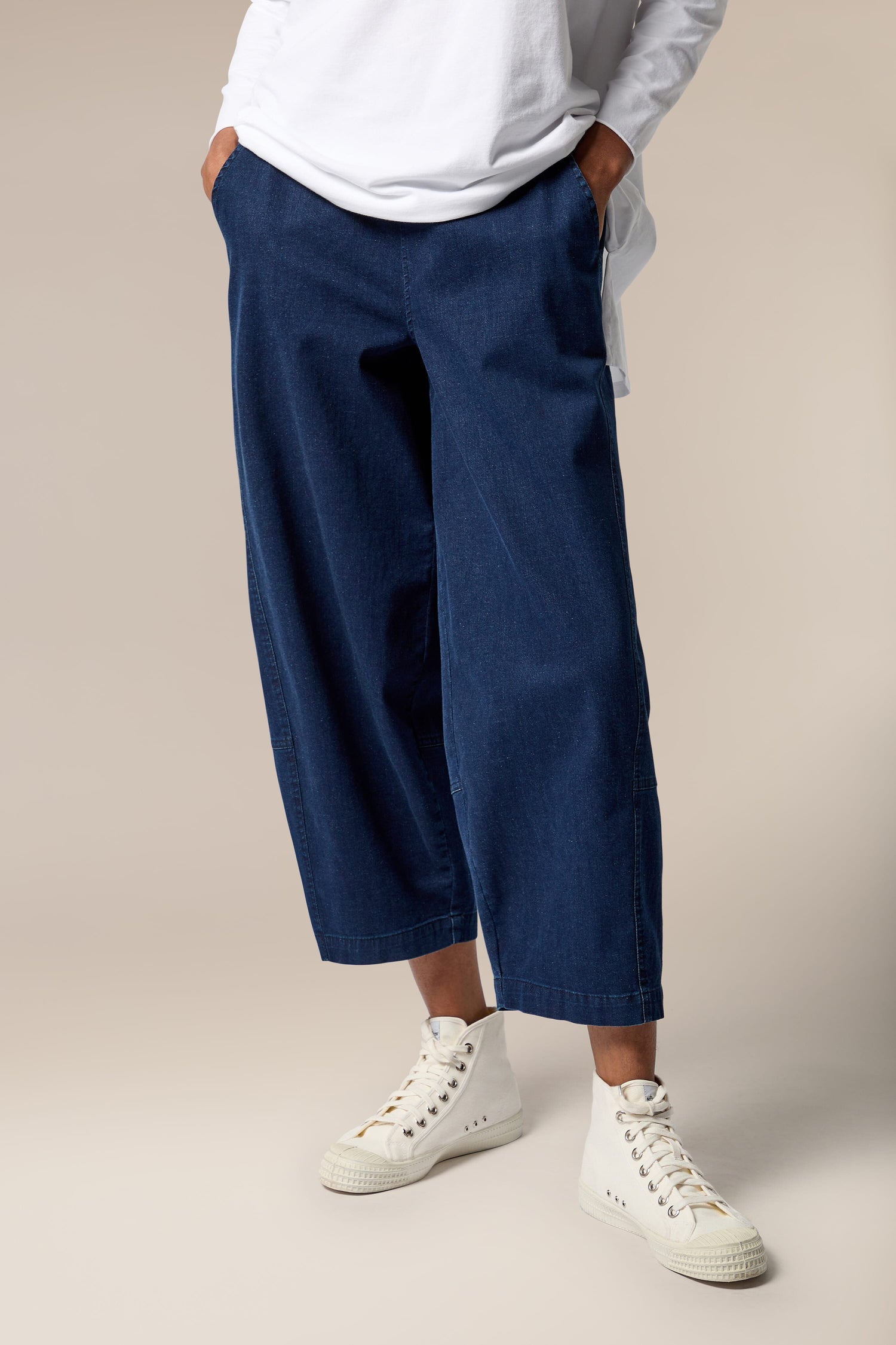 A woman wearing Stretch Denim Bubble Trouser.