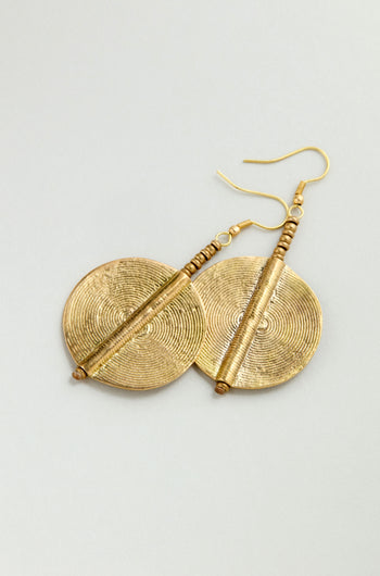 Spiral Earrings: Round, textured brass earrings with hook fastenings and a striking central vertical bar—ideal for sculptural jewelry lovers.