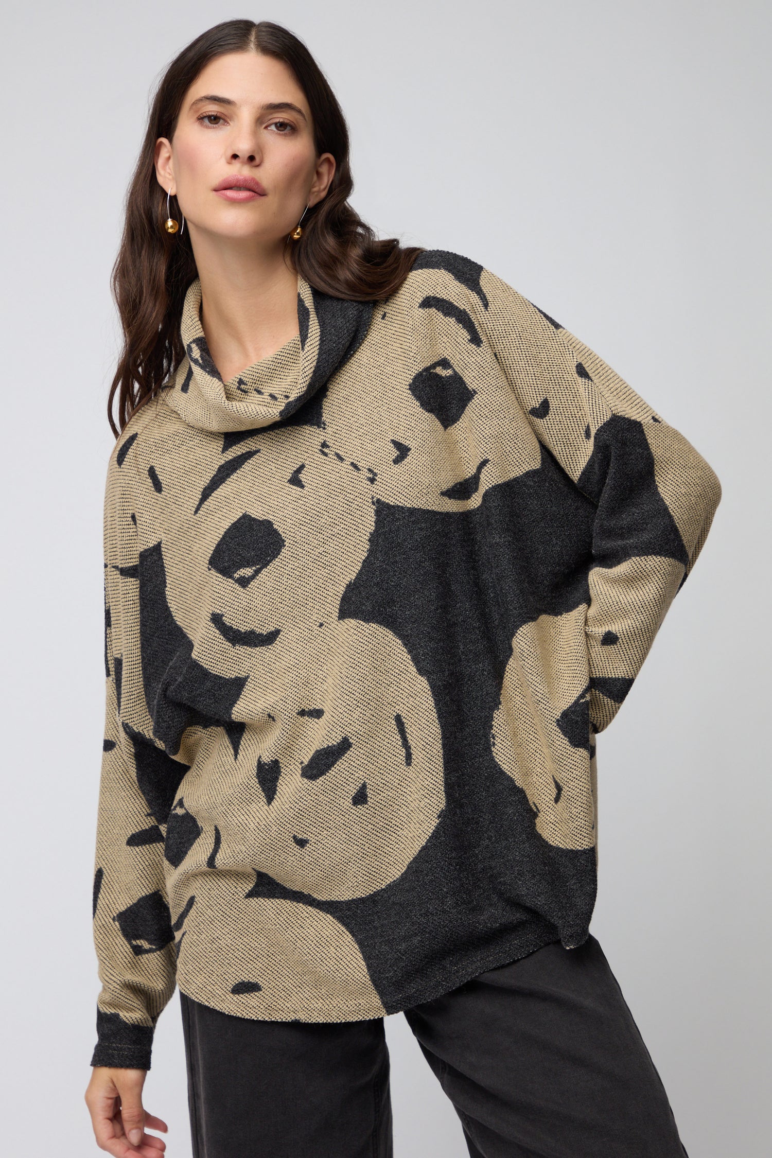 Cowl Neck Grey Jacquard Tunic