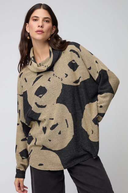 Cowl Neck Grey Jacquard Tunic