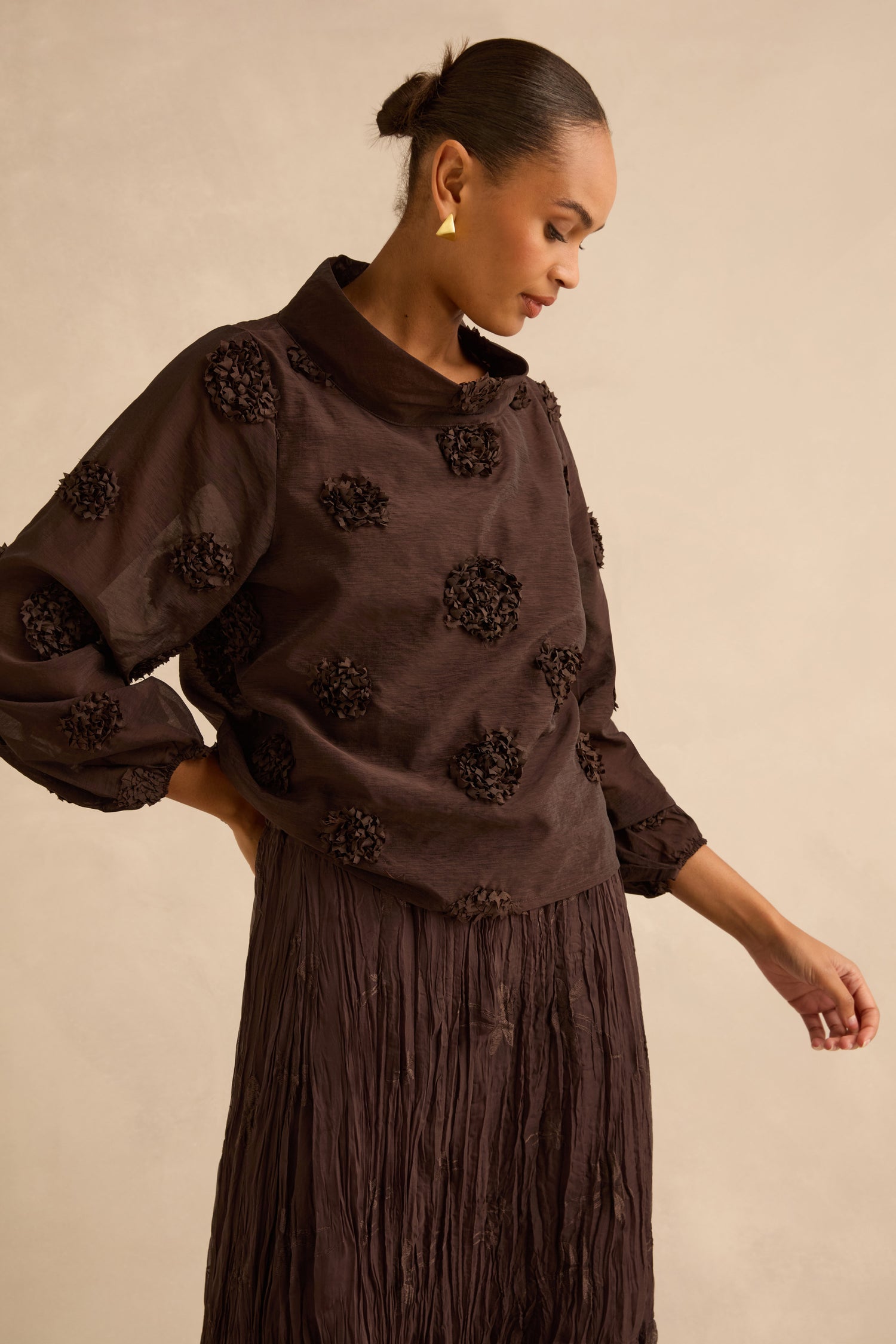 A model wears an Applique Flowers Sheer Boxy Top in brown with balloon sleeves, a high collar, and floral appliques, paired with a matching textured skirt.
