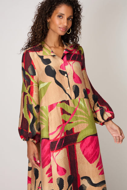 Crinkle Viscose Pink Print Dress