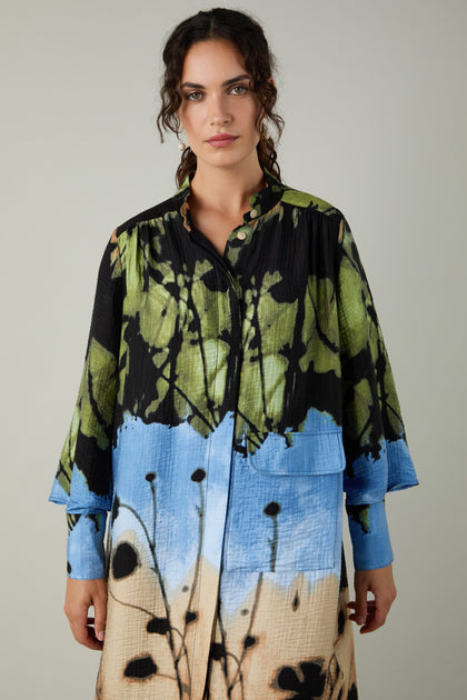 Crinkle Viscose Blue Print Shirt Dress