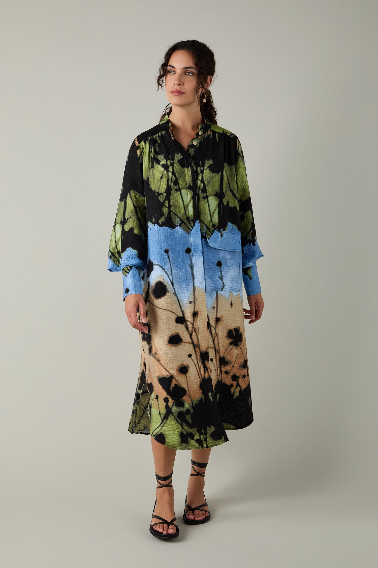 Crinkle Viscose Blue Print Shirt Dress