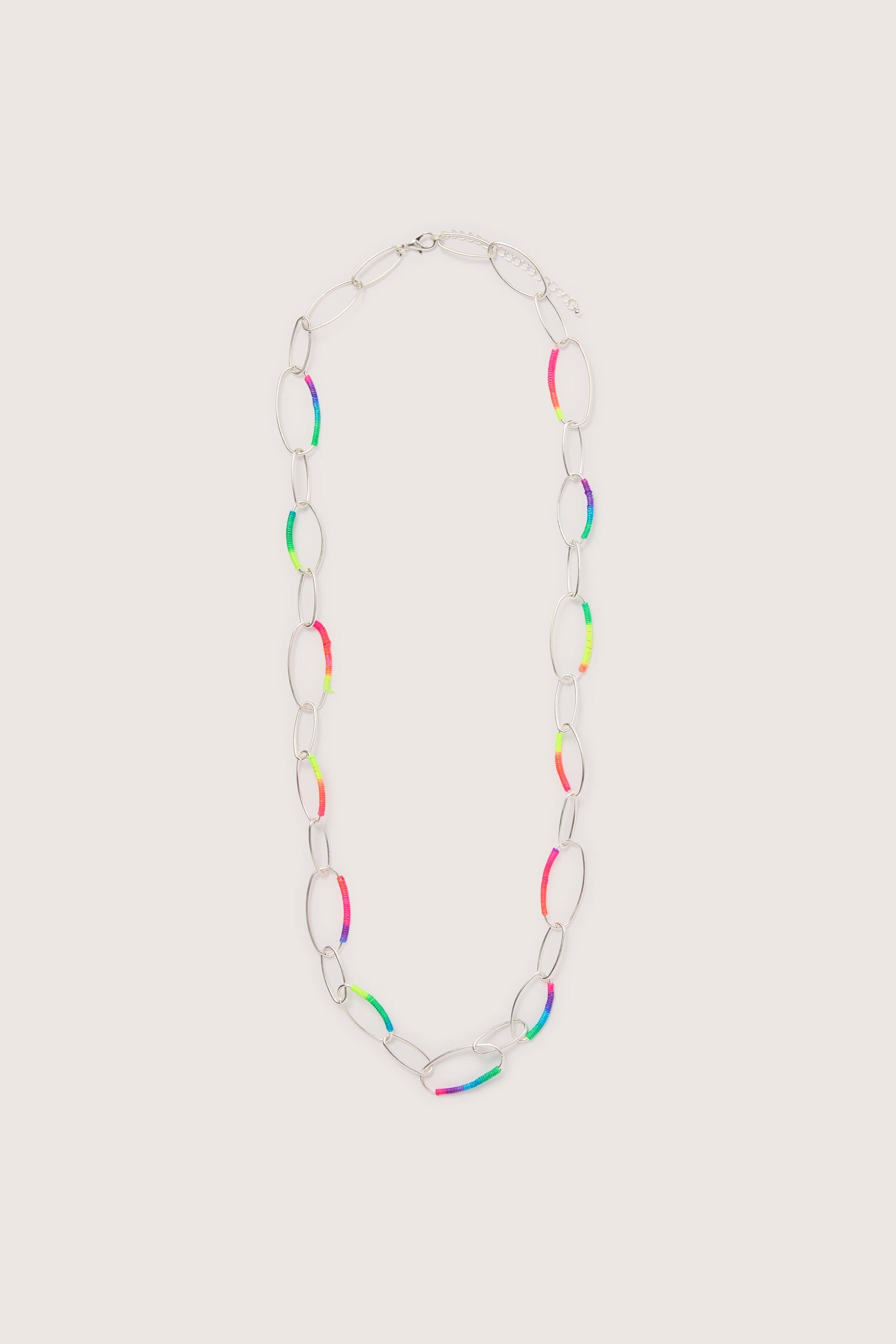 Rainbow Stitch Silver Hoops Necklace accessory on a white background.