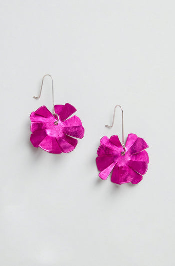 Flower Earrings featuring bright pink, layered petal-shaped designs with sterling silver hooks, shown against a light background.