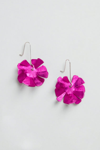 Flower Earrings featuring bright pink, layered petal-shaped designs with sterling silver hooks, shown against a light background.