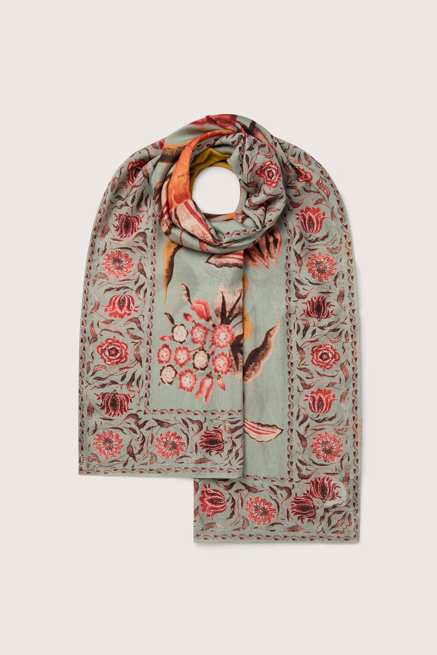 Joy Scarf with a hand-painted floral pattern on a white background.