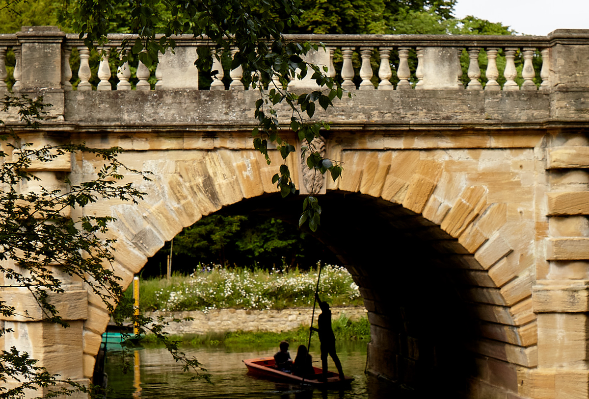 man stood rowing a boat underneath a bridge