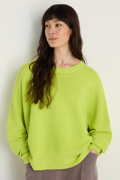 A woman with long brown hair wears a lime green Boxy Ribbed Top and gray pants, standing against a plain light-colored wall.