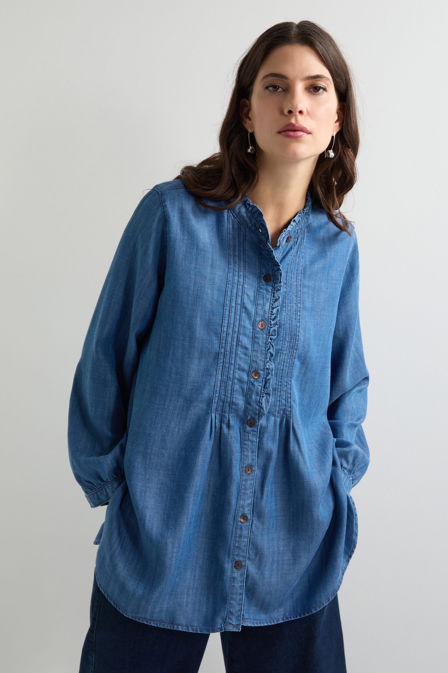 Fluid Denim Frill Placket Shirt