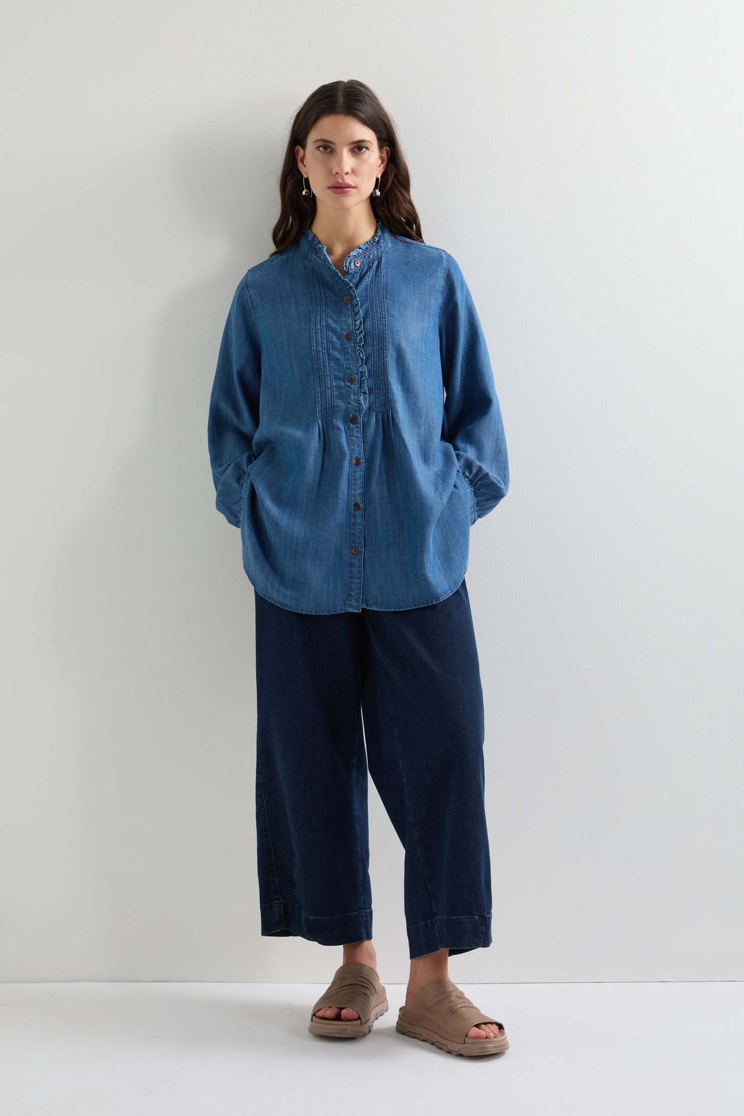 Fluid Denim Frill Placket Shirt