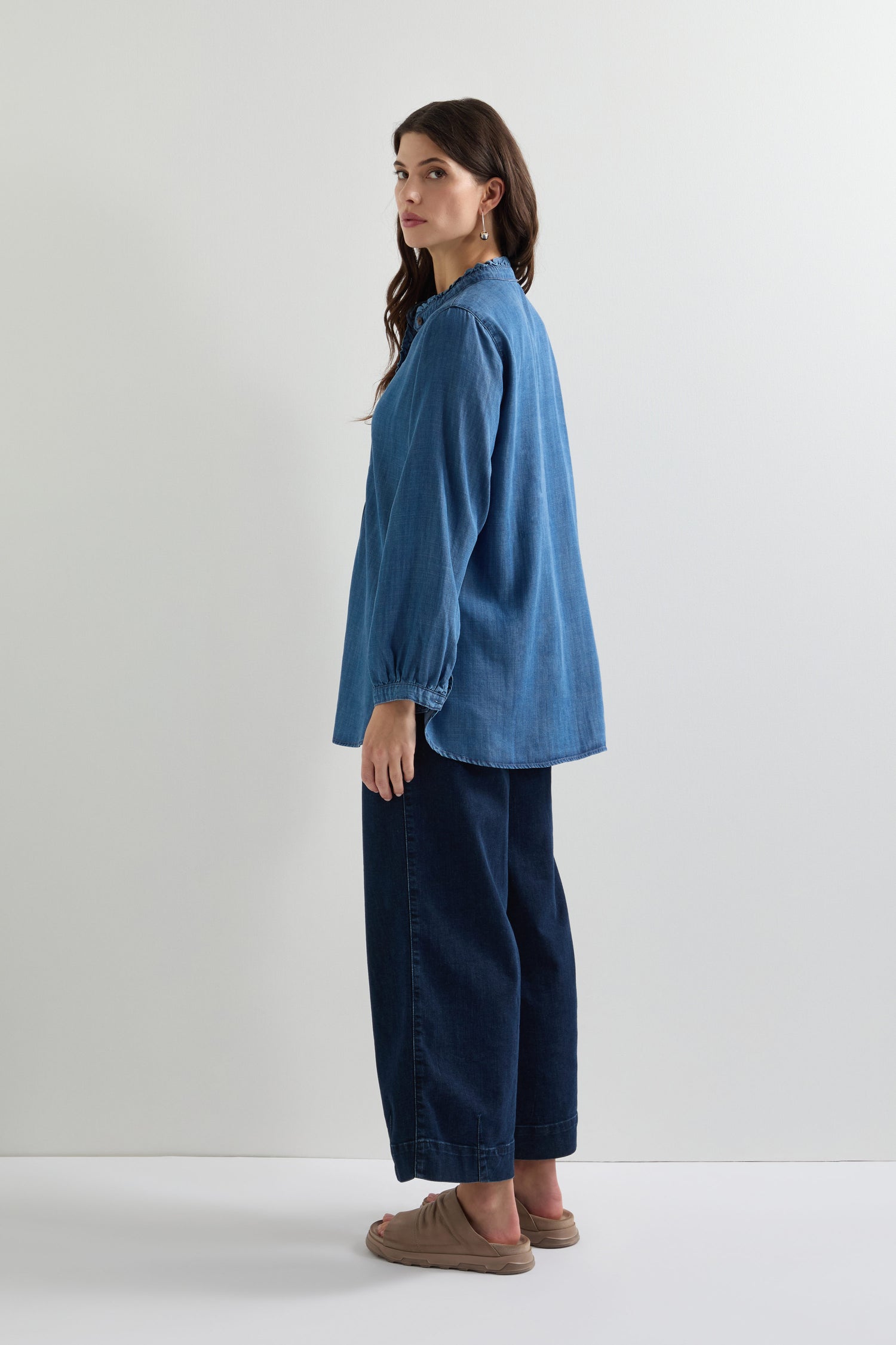 Fluid Denim Frill Placket Shirt