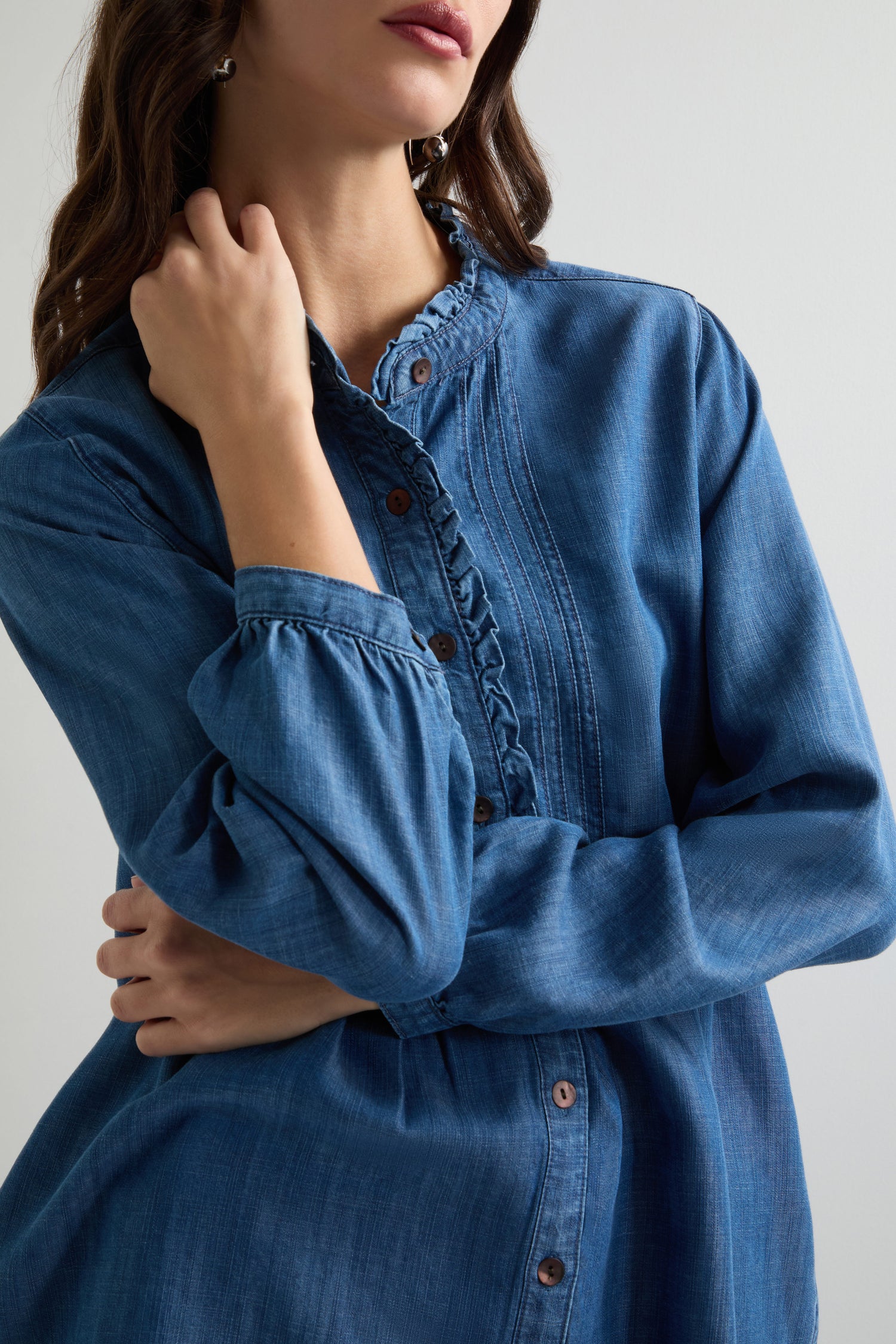 Fluid Denim Frill Placket Shirt