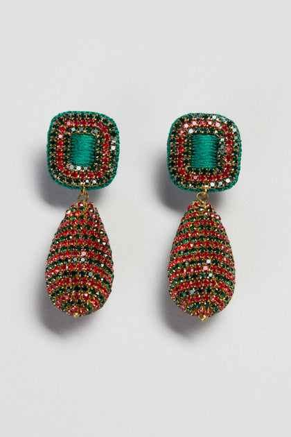 Hand Beaded Teardrop Earrings with square green and red tops, featuring intricate beadwork on white—elevate your look with these stunning Hand Beaded Teardrop Earrings.