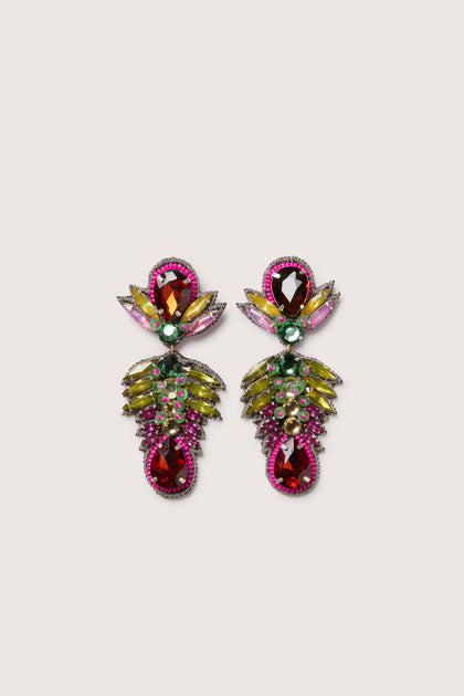 Hand Beaded Earrings with rhinestones that sparkle in pink and green.