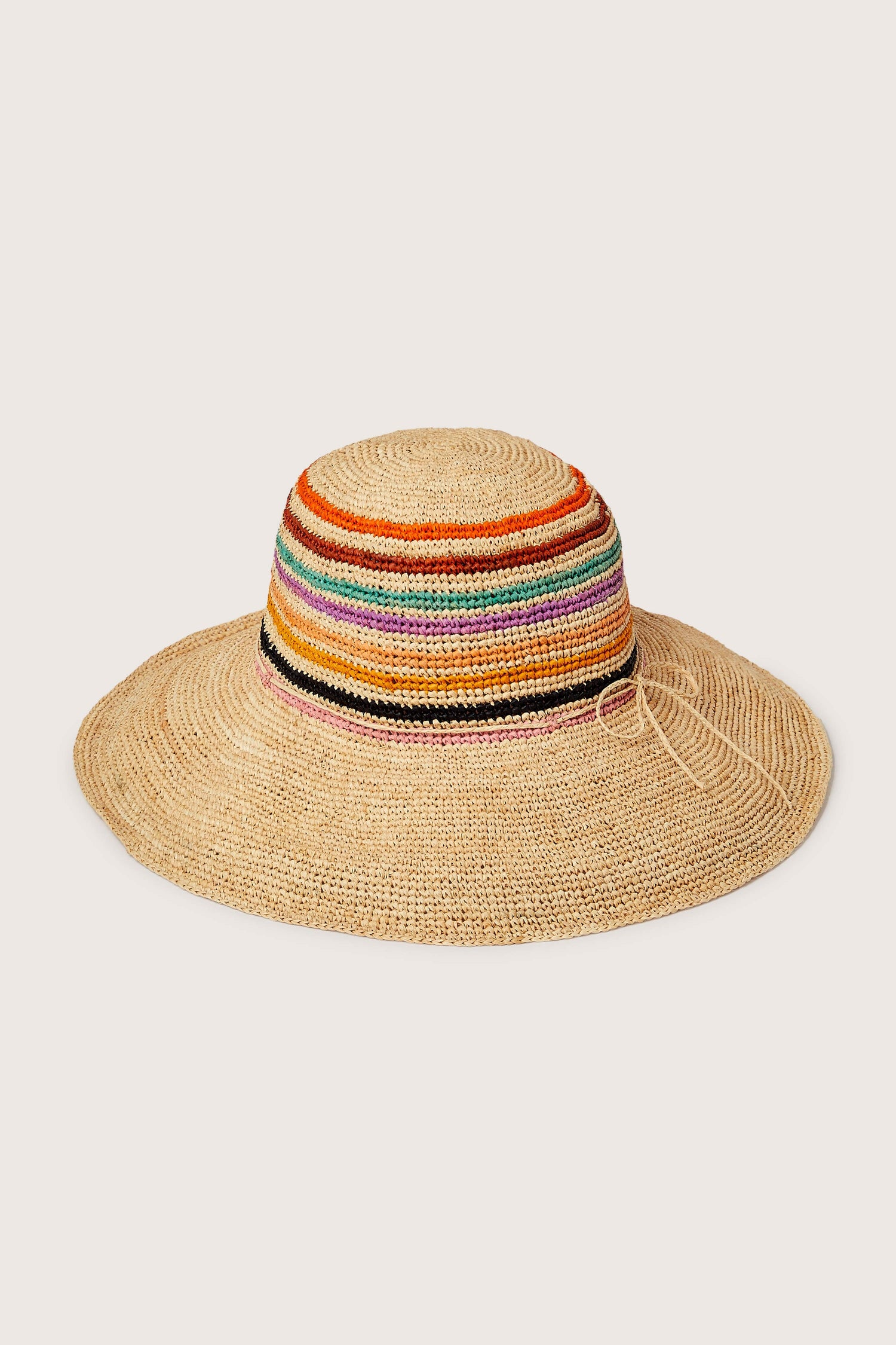 Hand-crafted in Madagascar, Wide Brim Woven Raffia Hat with a colorful striped band.