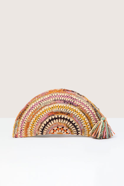 Woven Half Moon Raffia Clutch with tassel detail.