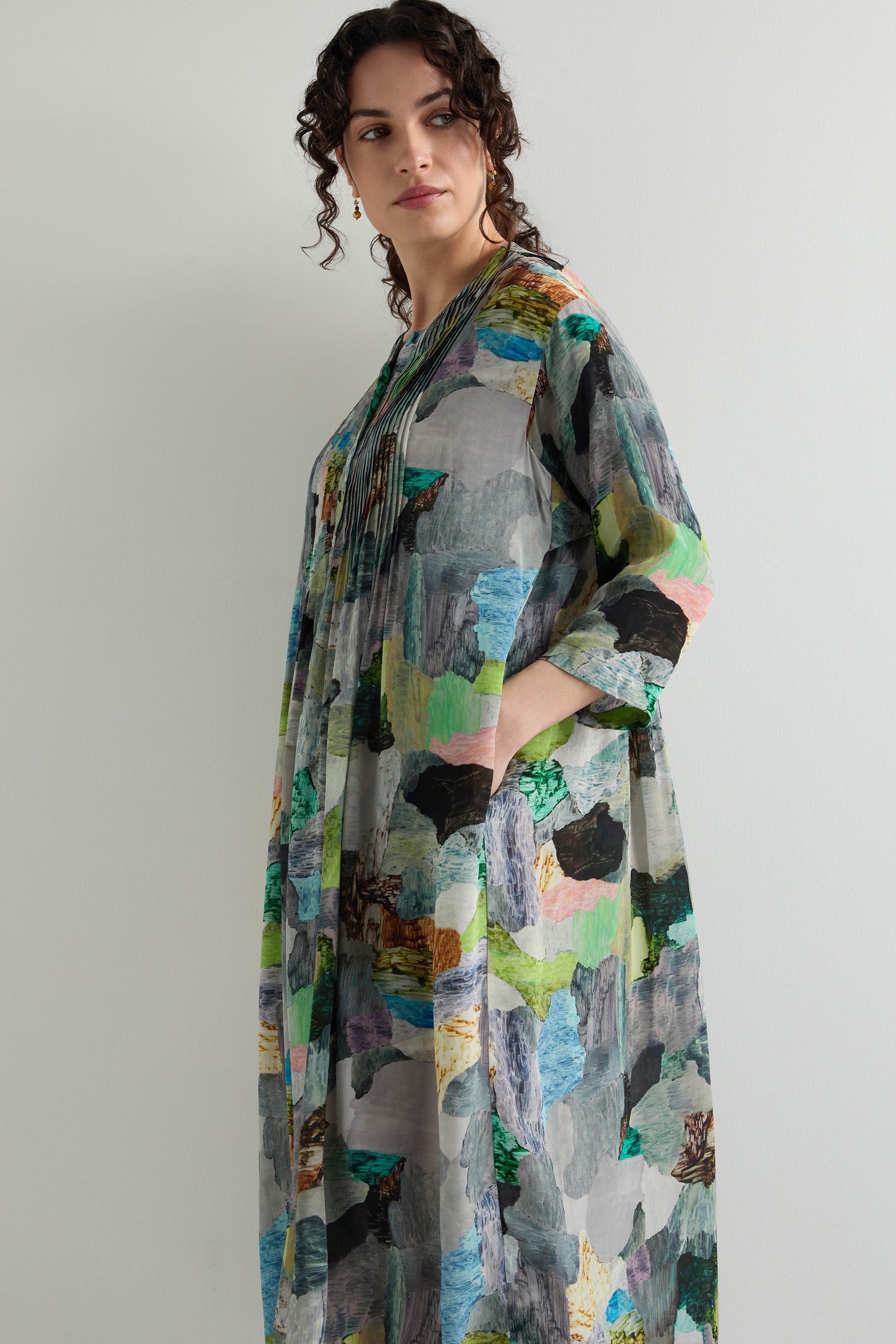 Landscape Print Pleated Dress