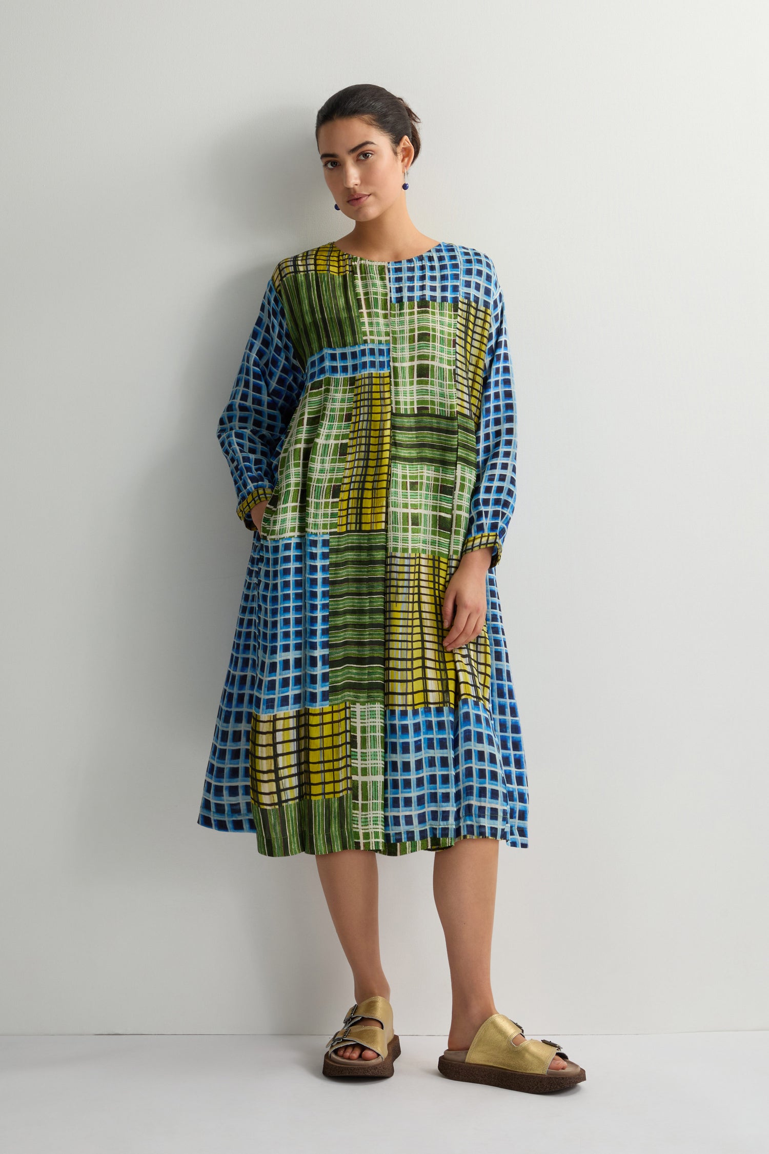 Multi Grid Check Pleat Front Dress