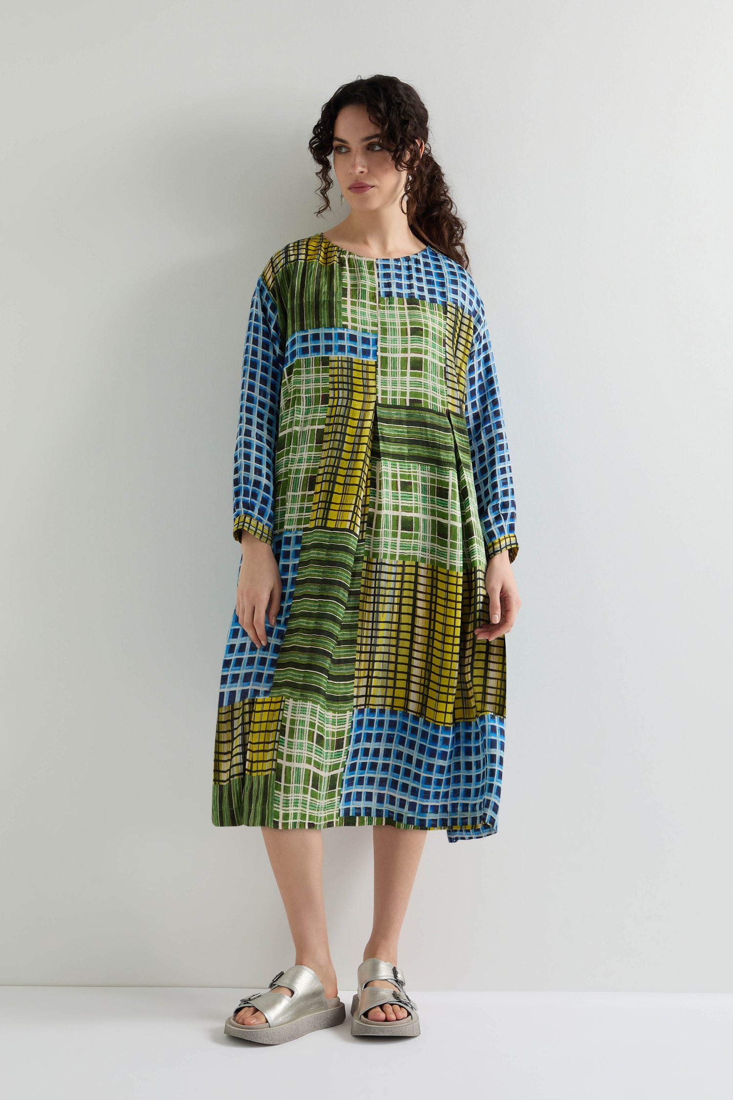 Multi Grid Check Pleat Front Dress