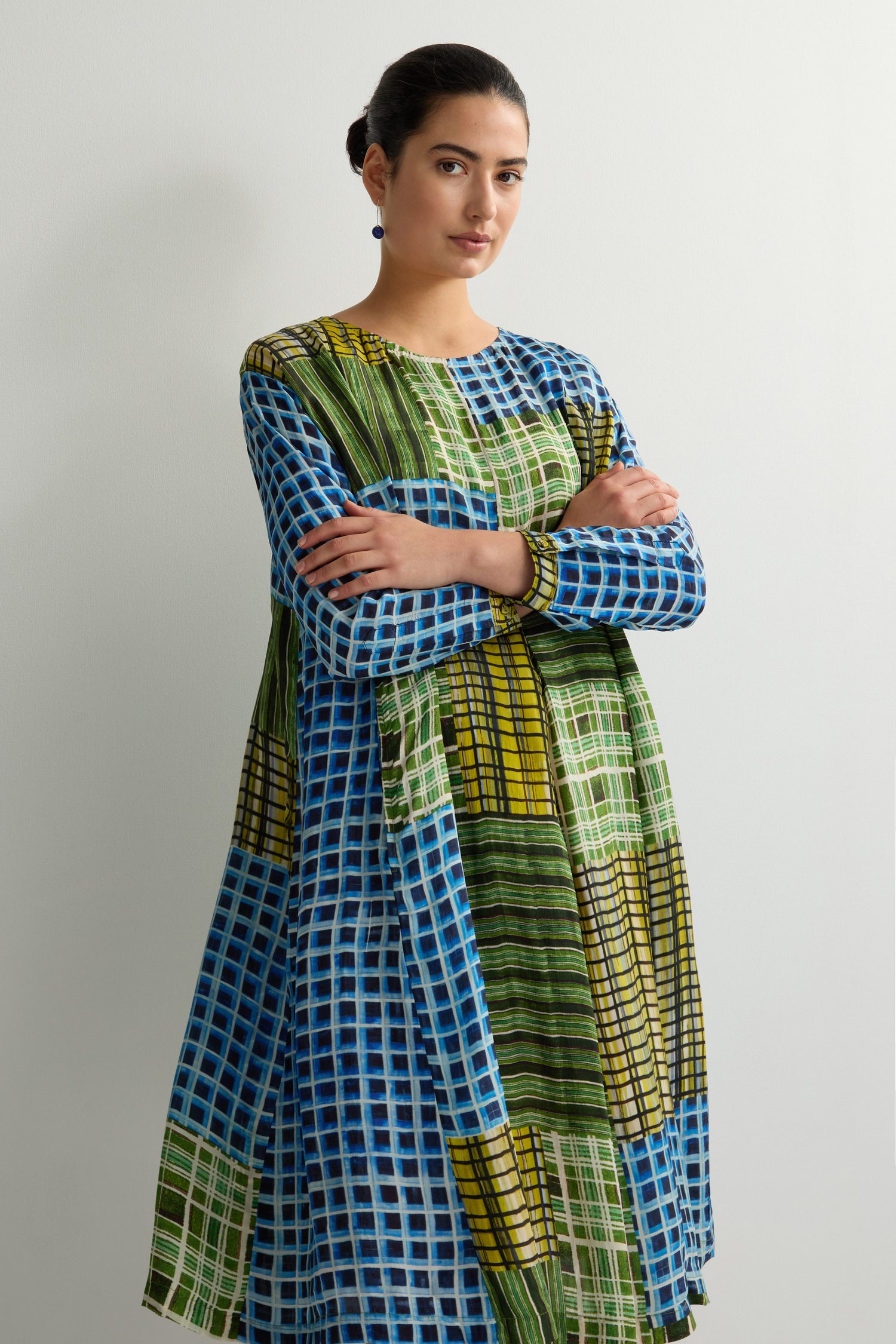 Multi Grid Check Pleat Front Dress