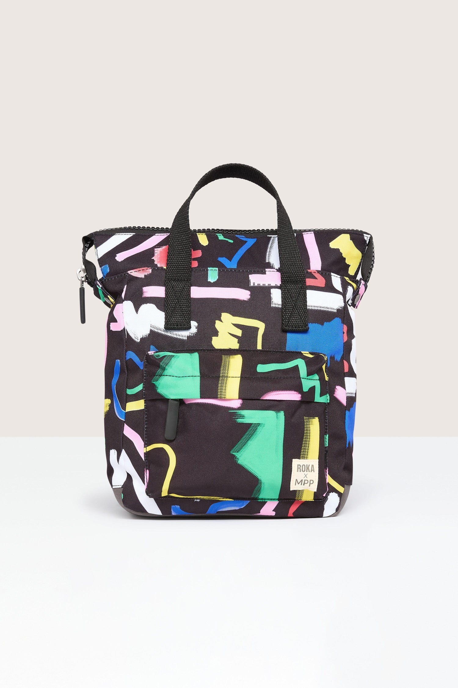 A black and multicolored Recycled Scribble Print Bantry Bag with a colorful print, perfect for carrying all your essentials.