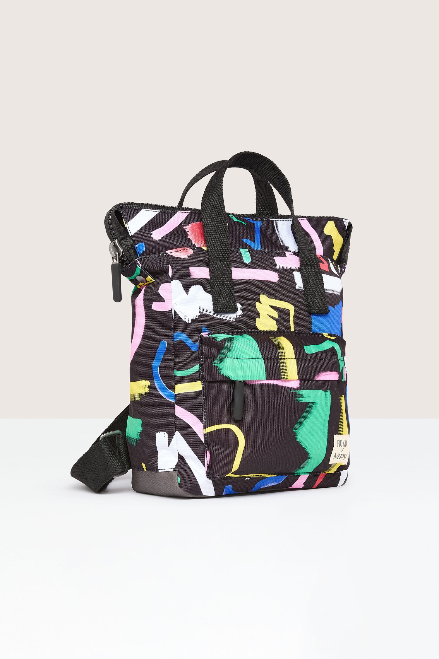 A colorful Recycled Scribble Print Bantry Bag made from recycled bottles.