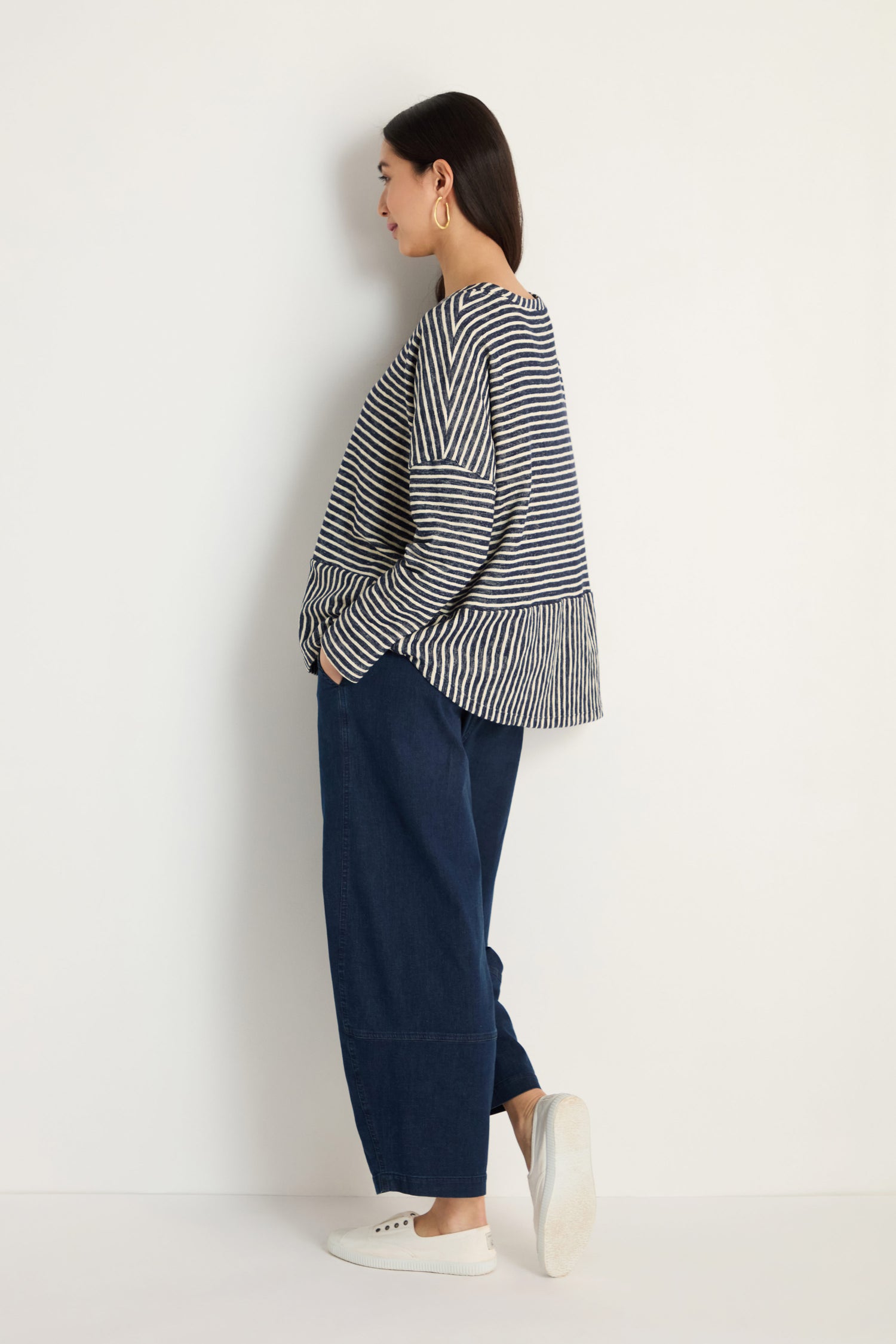 A woman wears the Textured Stripe Jersey Boxy Top.