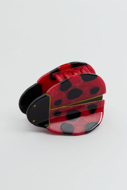 The Hand-Painted Ladybird Hair Clip, featuring red and black spots on glossy plastic, is shown as a charming accessory against a neutral background.