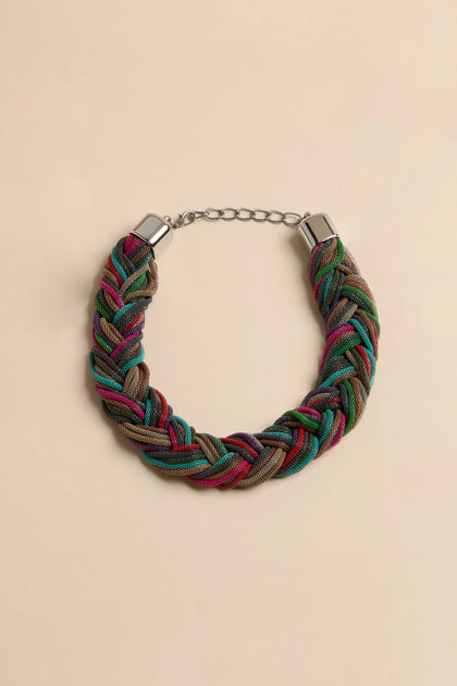 Braided Rainbow Chain Necklace featuring a chunky, multi-colored mesh braid with silver-toned end caps and an adjustable chain closure.