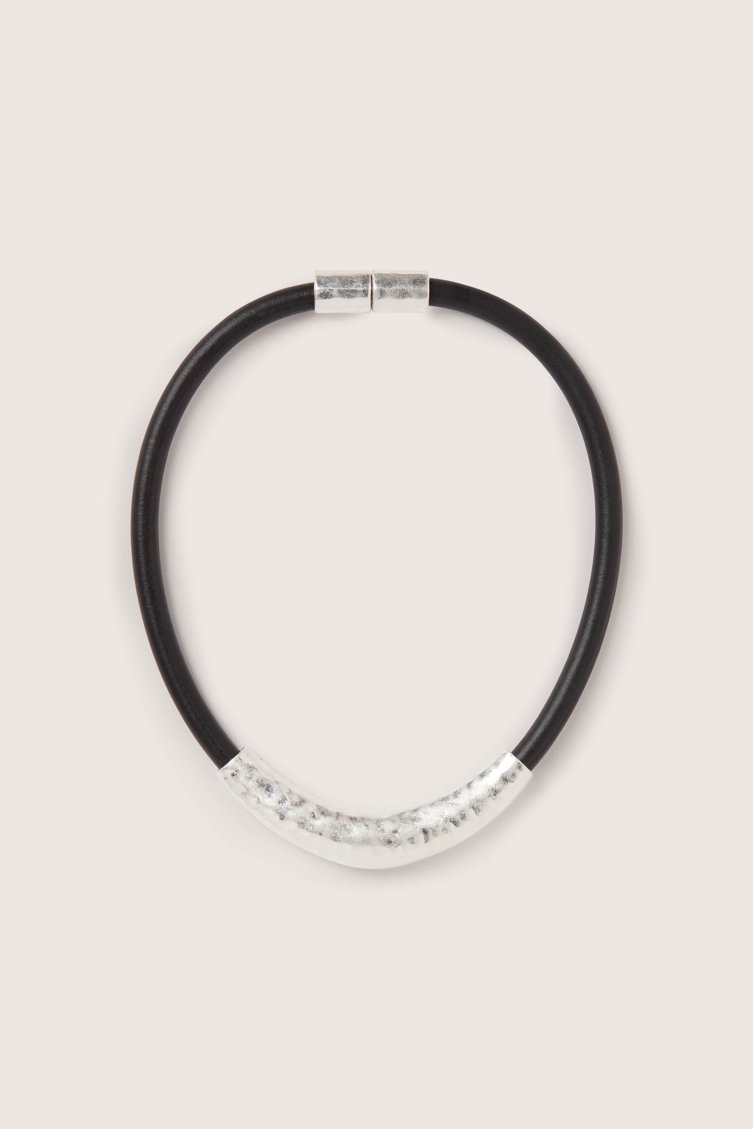 A unique black leather Hammered Necklace with a silver clasp.