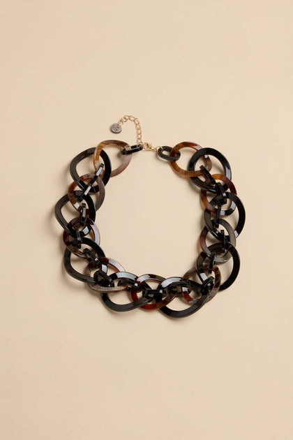 Short Resin Link Necklace featuring chunky, interlocking oval links in mottled shades of black and brown.