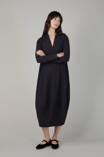 Fluid Crepe V Neck Black Bubble Dress