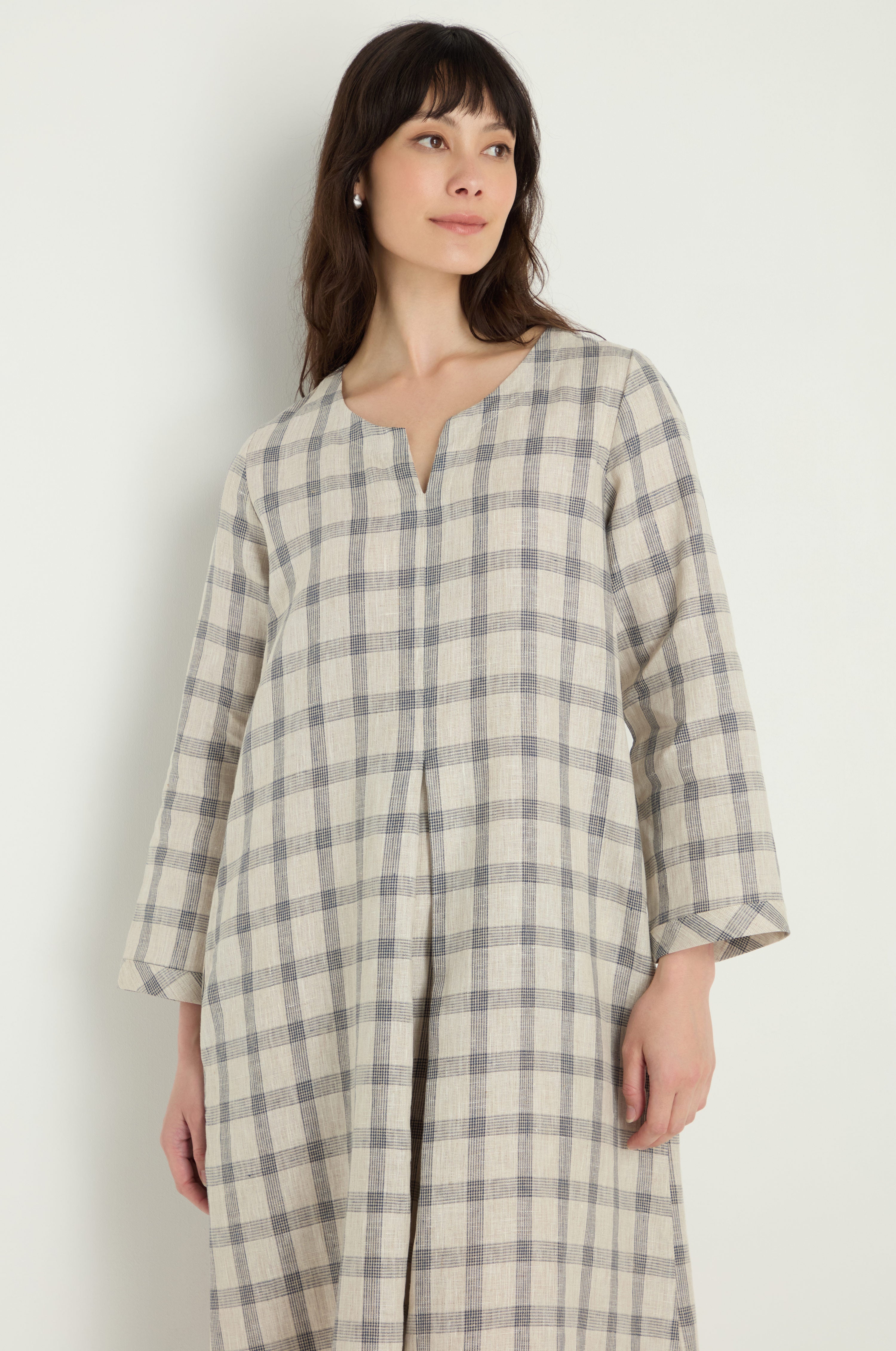 women grey check linen dress Buttoned Greige Check Linen Dress M
