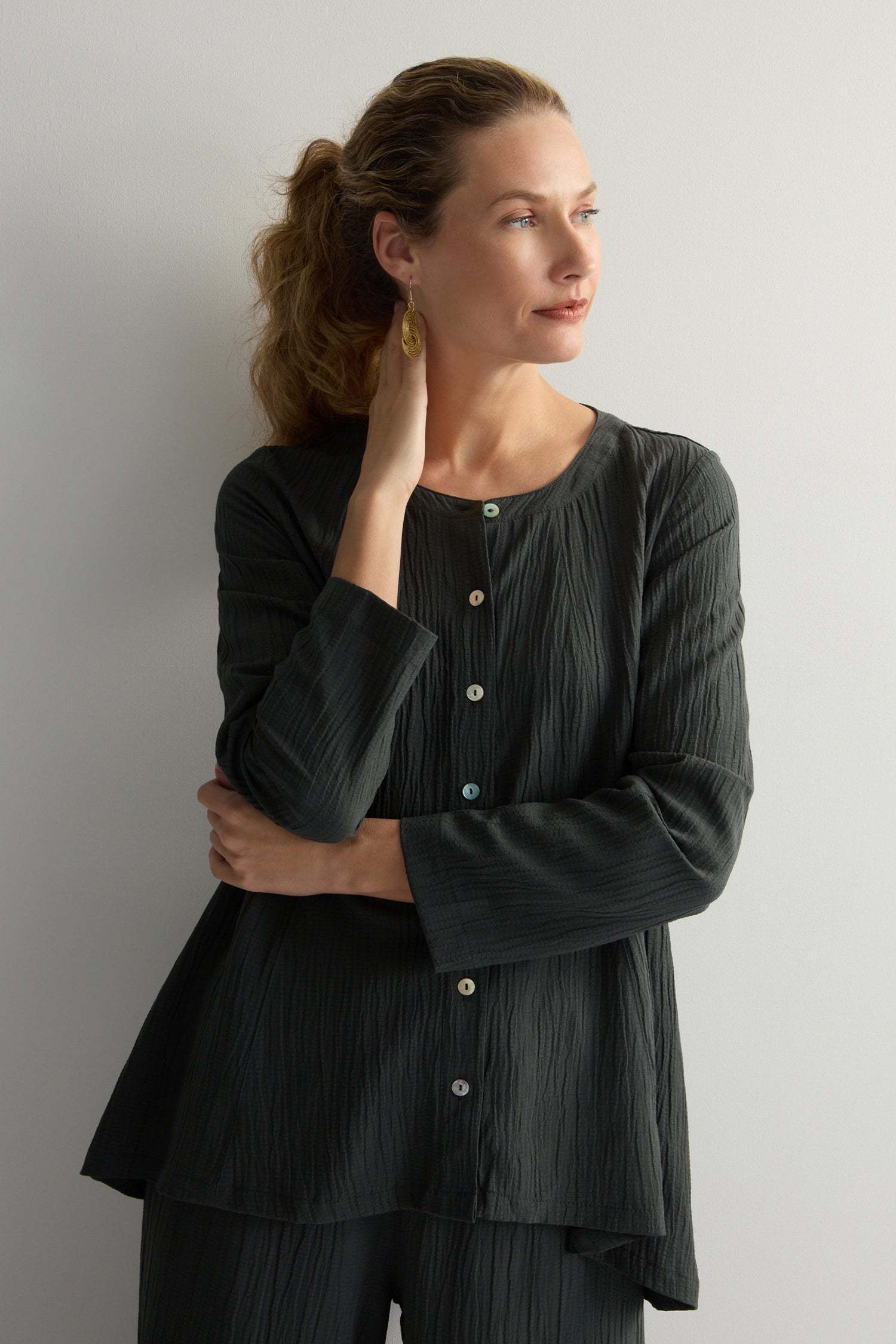 Crinkle Soft Viscose Flared Shirt