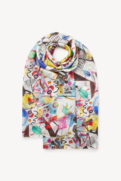 A Cubist Silk Scarf with colorful cubist-inspired designs.