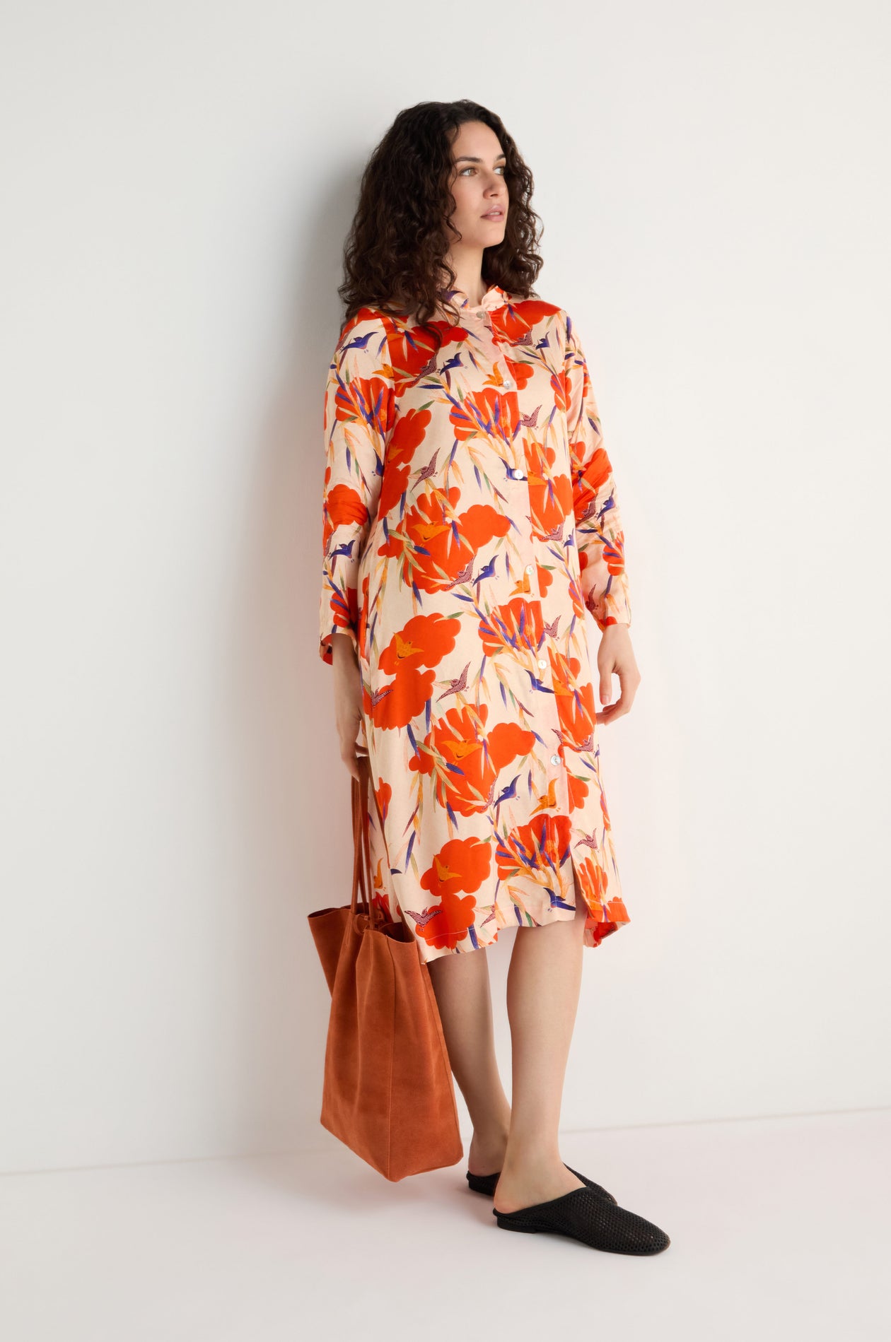 floral shirt dress long sleeve Japanese Floral Shirt Dress Orange/Multi / M