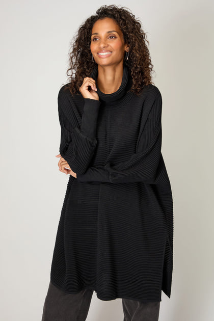 Ribbed Merino Black Roll Neck Tunic
